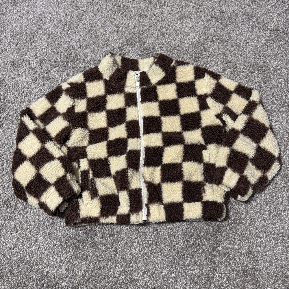 Fashion Nova Kids Brown and Cream Checkered Puffer Jacket